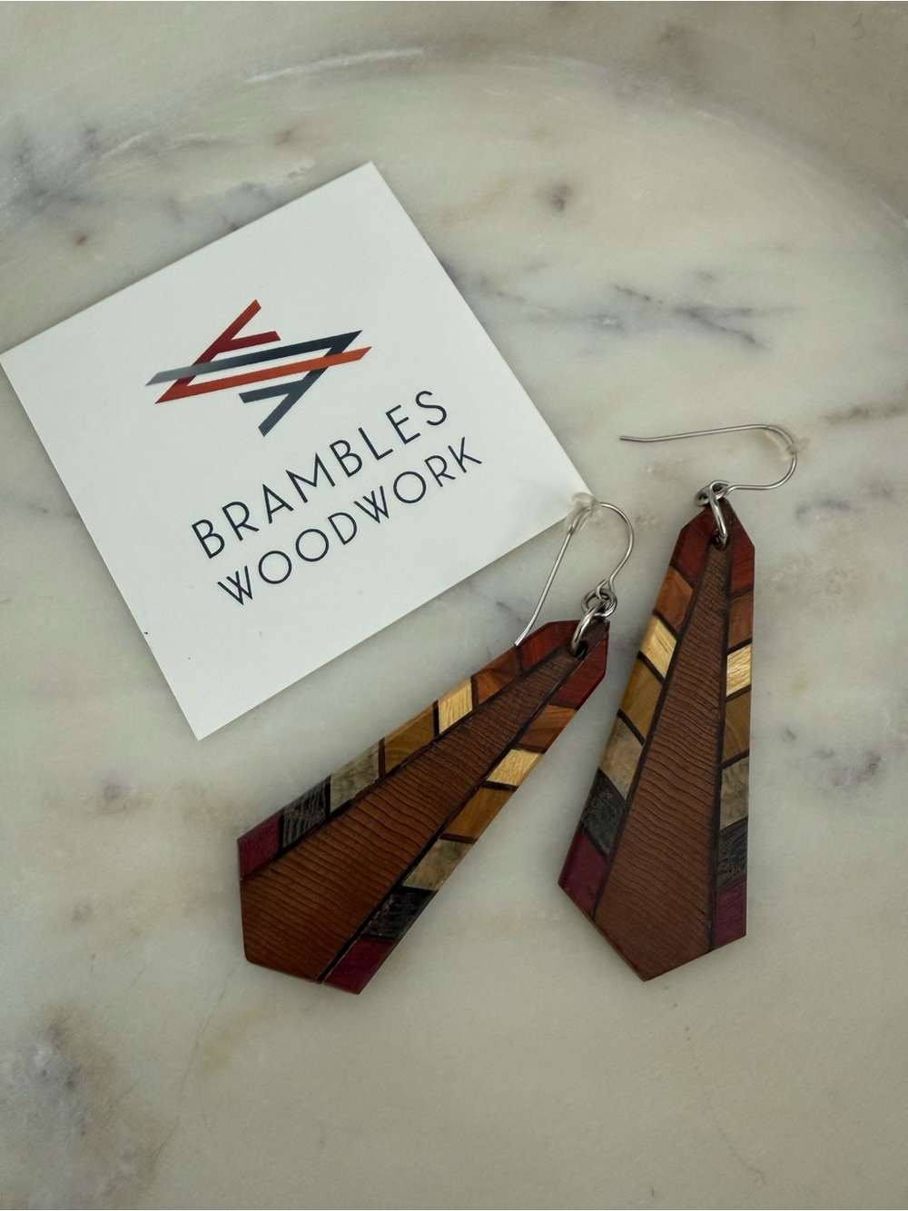 Brambles Woodwork Handmade Wood Inlay Geometric Drop Earrings Padauk Wenge